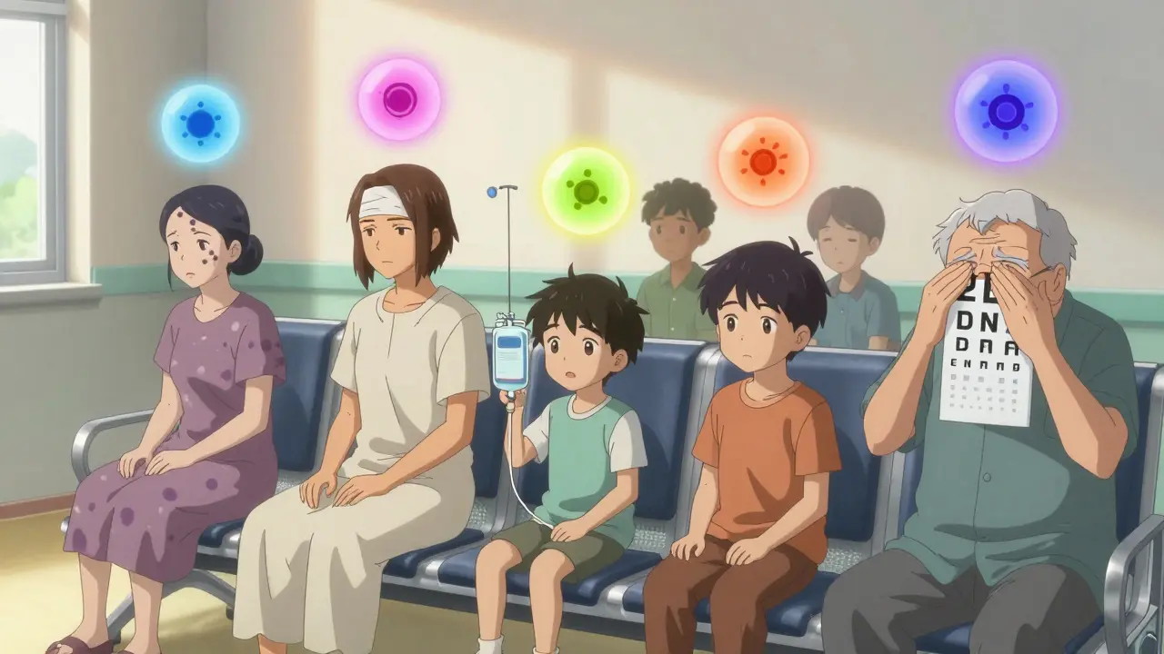 Diverse patients in a hospital waiting room, each displaying subtle vasculitis symptoms like skin spots or bandages.