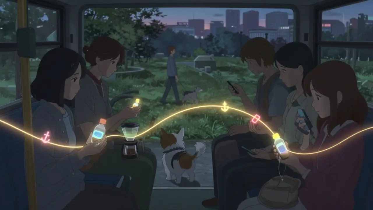 Diverse people with pill cases linked by glowing threads to daily routines.