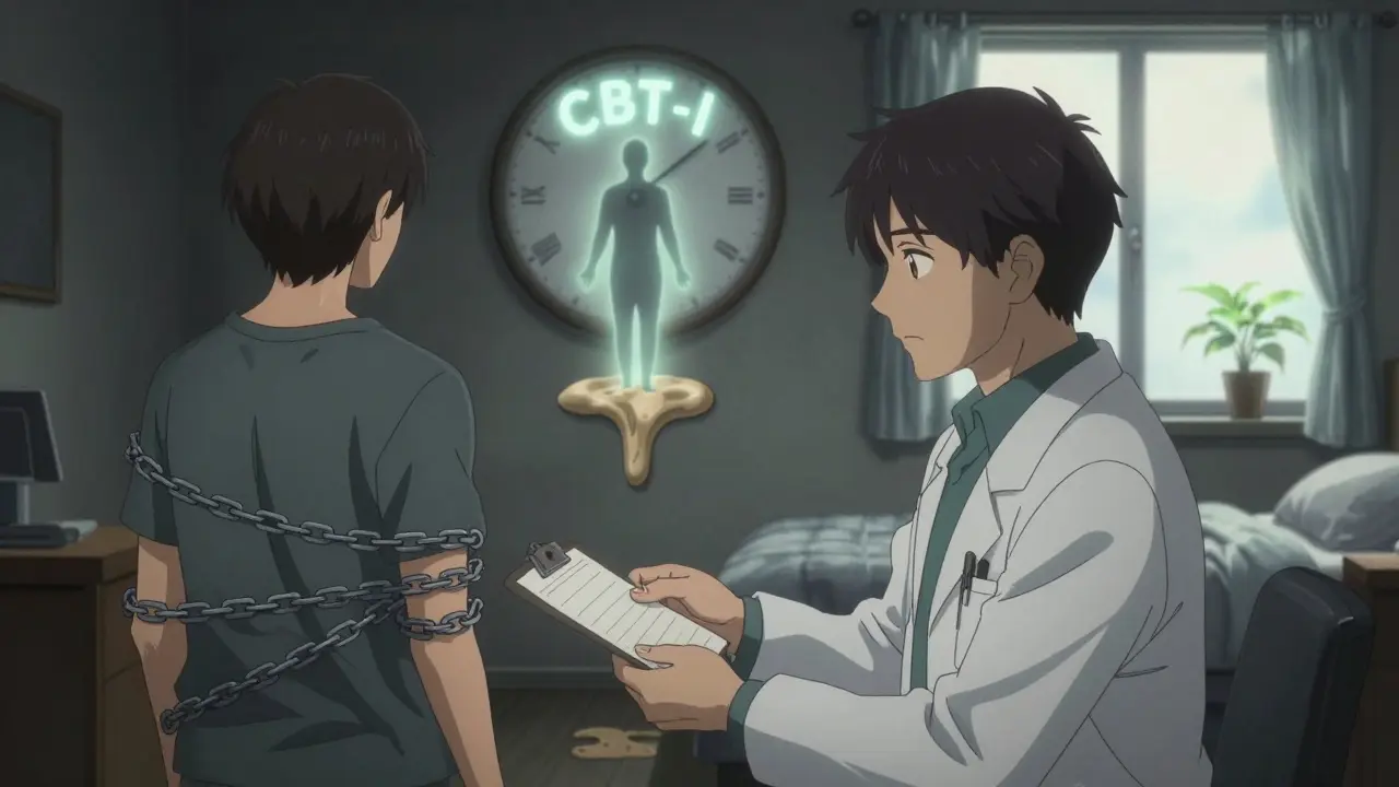 Doctor giving prescription that turns to chains, with a melting clock and CBT-I therapist guiding a peaceful bedroom scene.