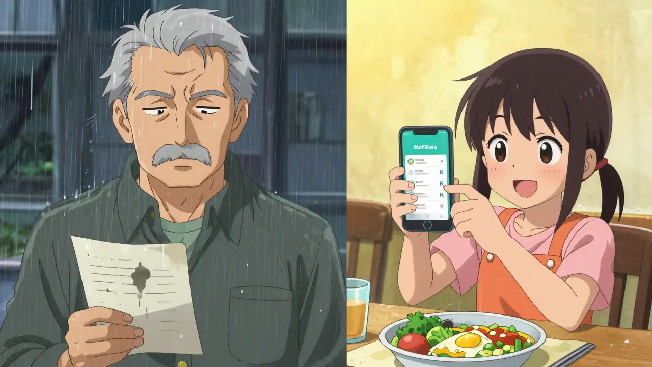 Elderly man with soggy diary vs. young woman using vitamin K app