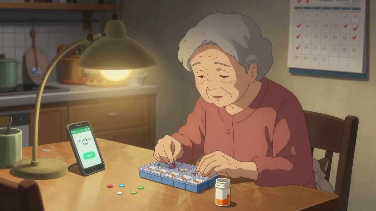 Elderly woman filling weekly pill box at kitchen table, calendar with checkmarks on wall.