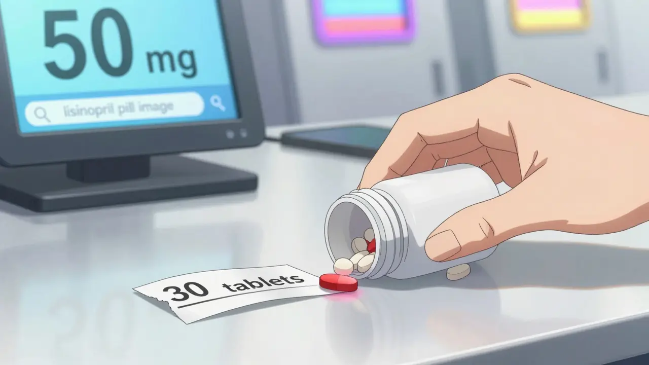 Hand counting pills from a bottle, one pill glowing red, prescription slip visible beside.