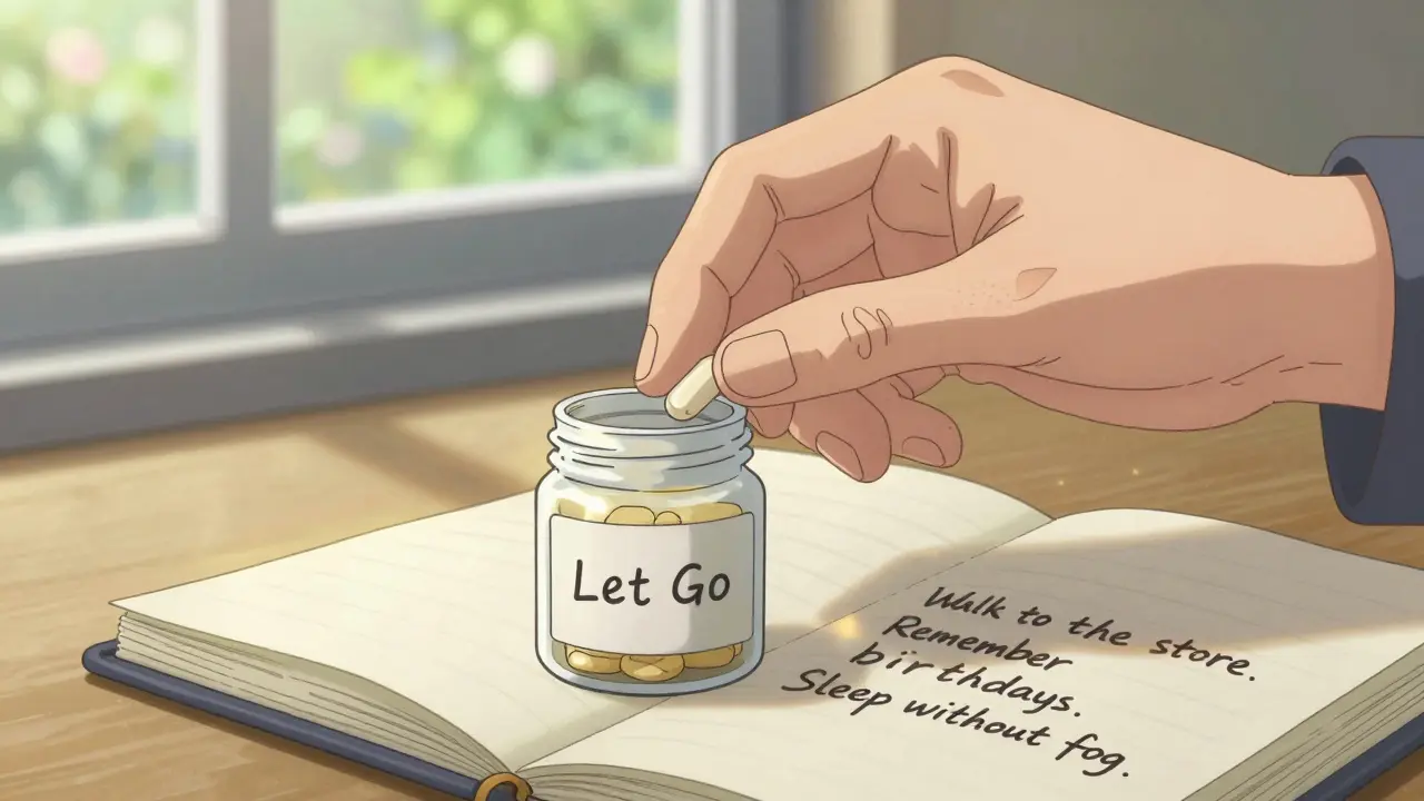 Hand placing a pill in a jar labeled 'Let Go' beside a journal with personal life goals written down.
