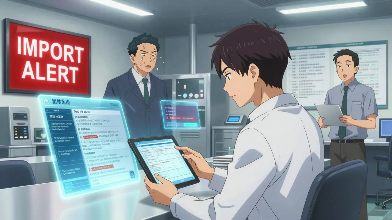 Inspector reviews digital food safety records with holographic risk alerts, factory manager stressed beside a warning screen.