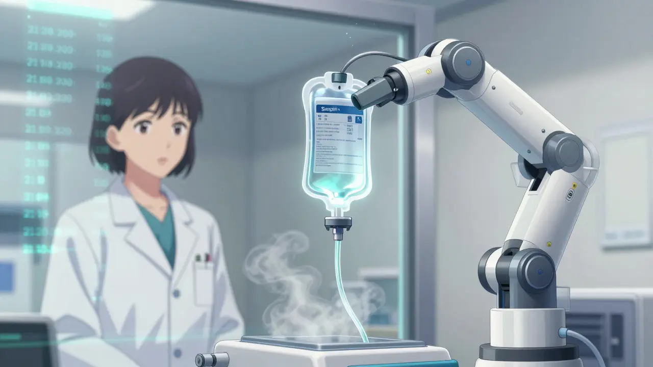 IV compounding robot precisely mixing sterile medication with glowing liquid streams