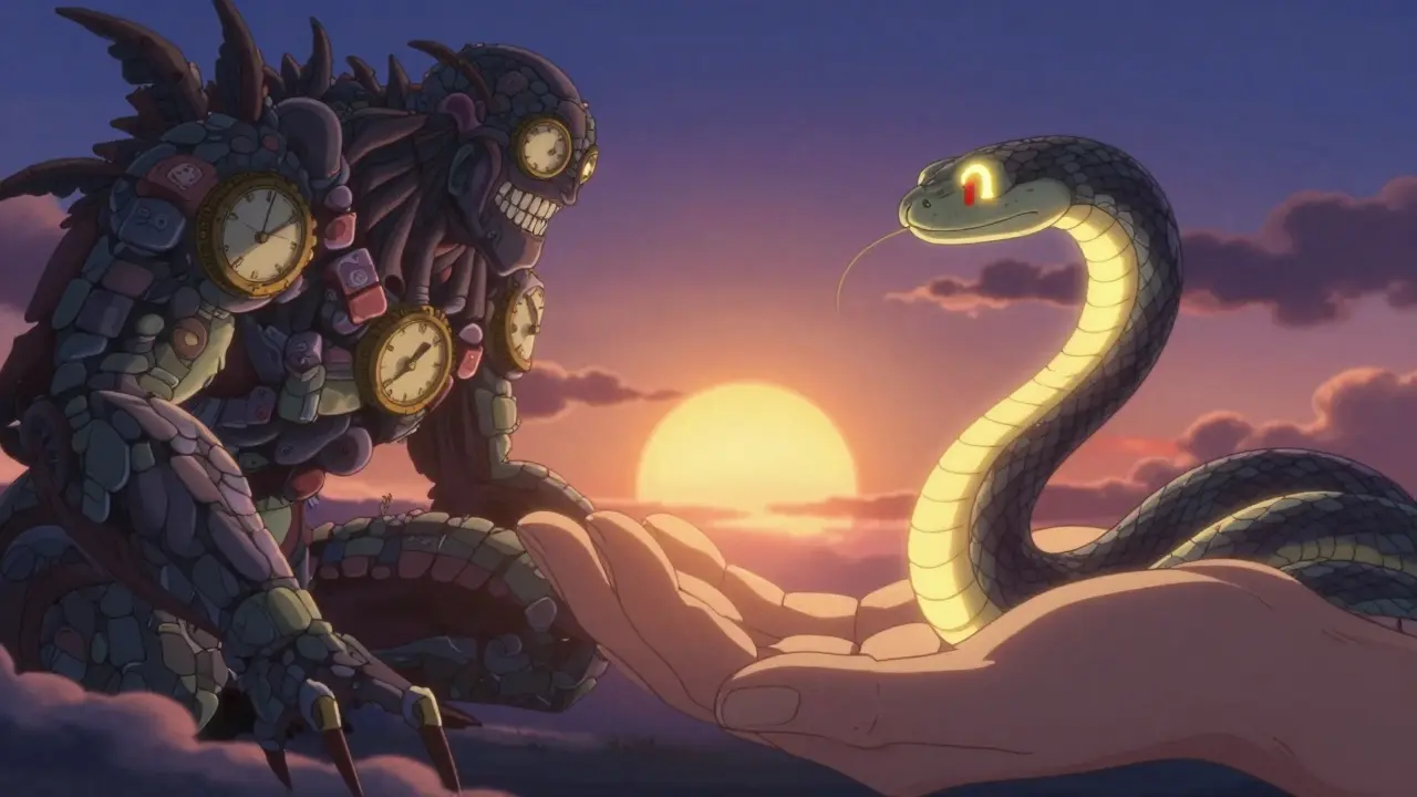 Monster benzodiazepine and Z-drug serpent battling under a giant hand holding a sunrise, symbolizing natural sleep restoration.