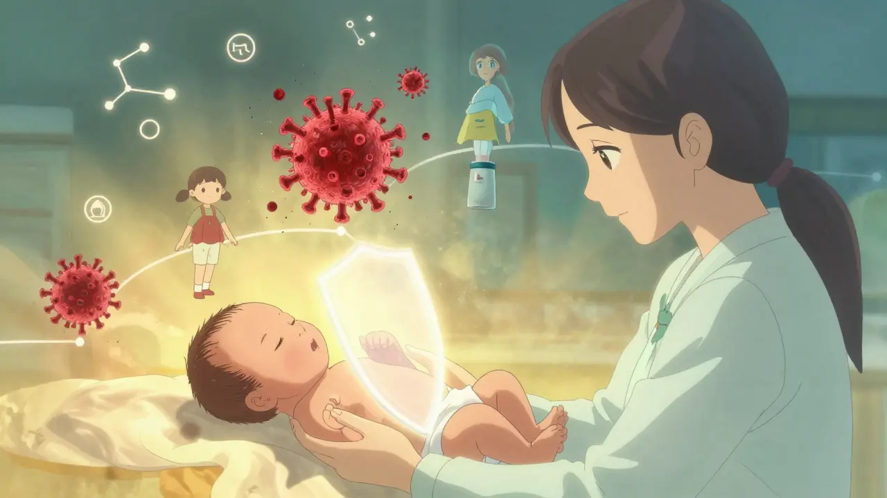 Newborn receiving hepatitis B vaccine as a protective light shield forms, timeline showing virus eliminated over life.