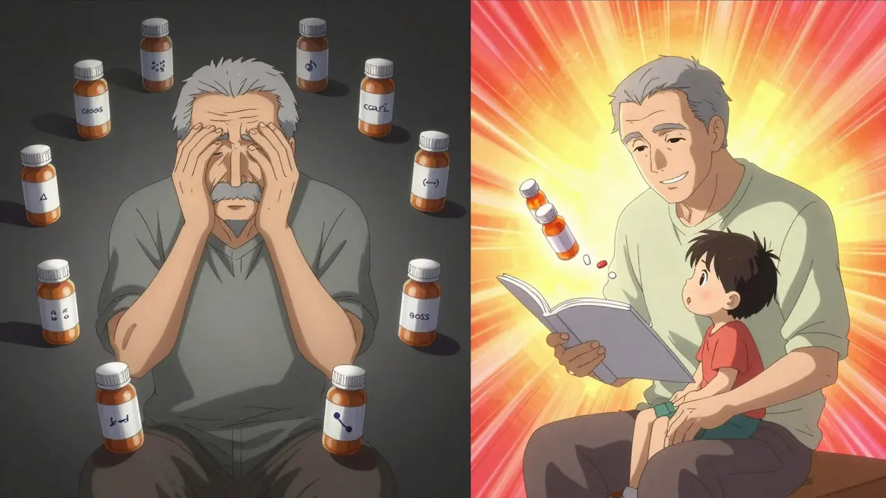 Older man transitioning from surrounded by harmful pills to reading to his grandchild with joy.