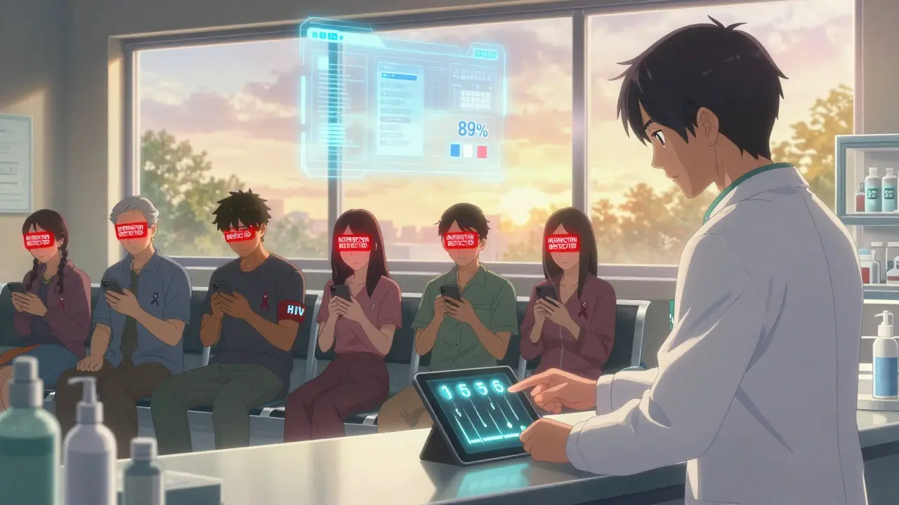 Patients in a clinic receive digital alerts about medication interactions while a pharmacist offers guidance.