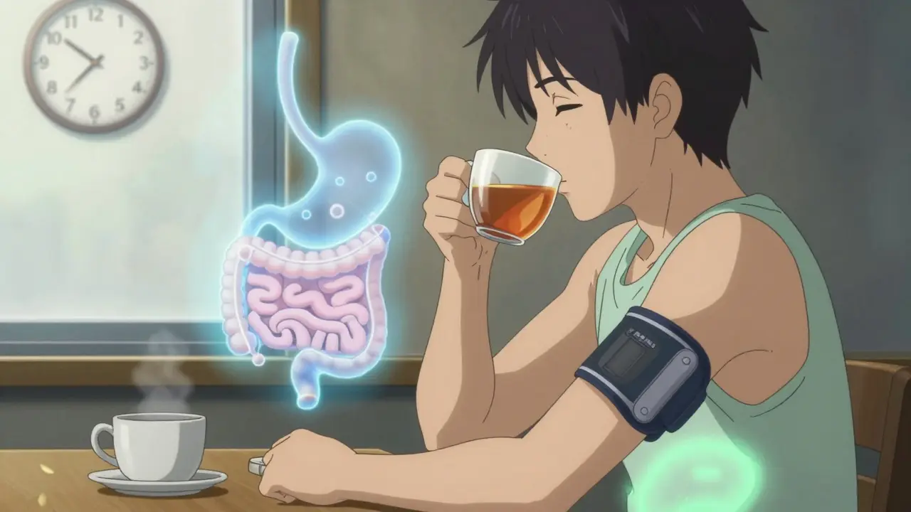 Person sipping tea after a meal with slow-digesting stomach visualization and acupressure band
