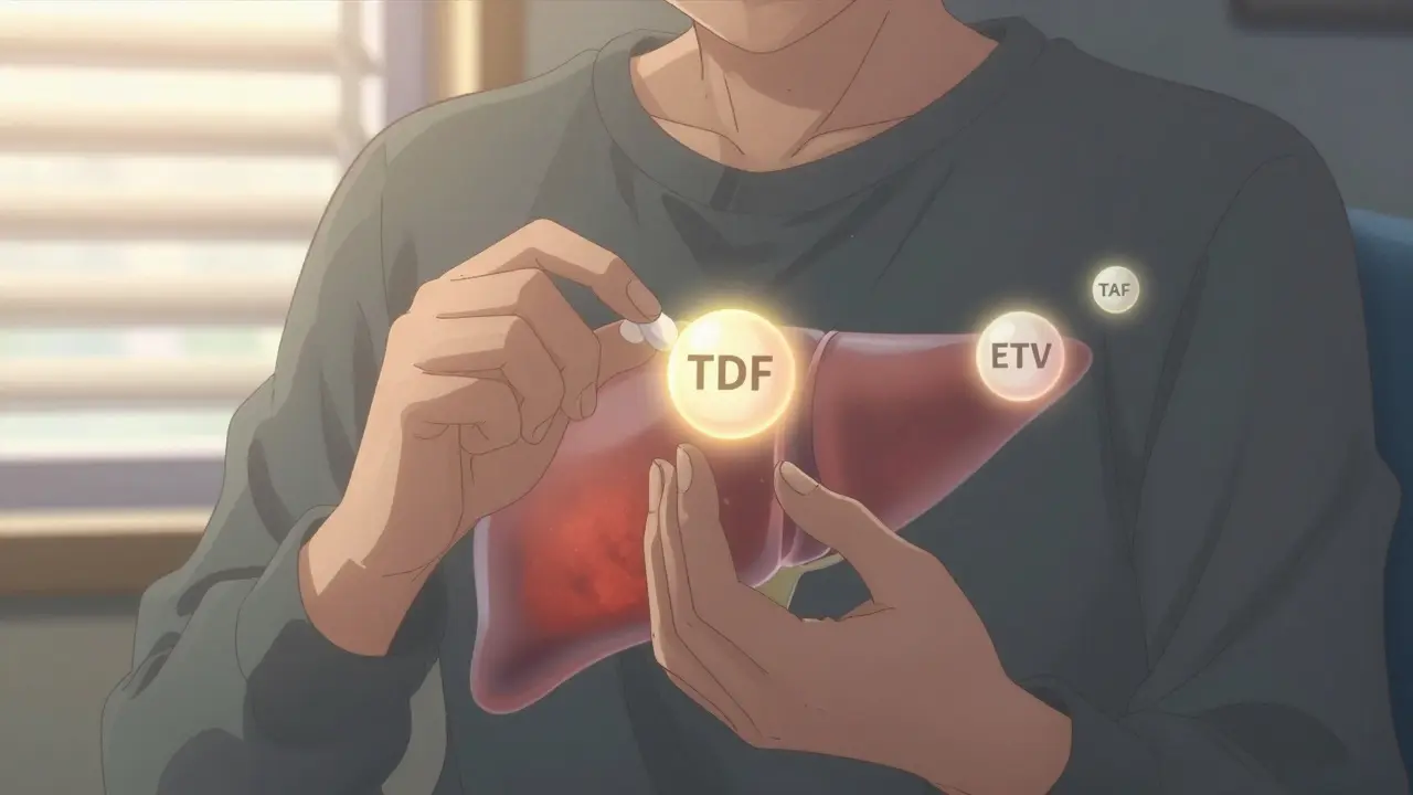 Person taking daily antiviral pill with protective drug molecules orbiting their body, liver healing in background.