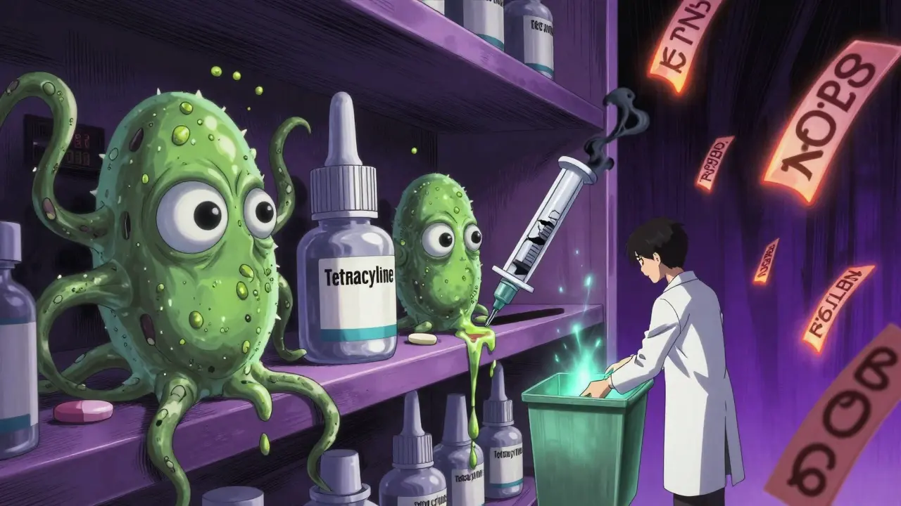 Personified expired medications as monstrous entities on a dark pharmacy shelf.