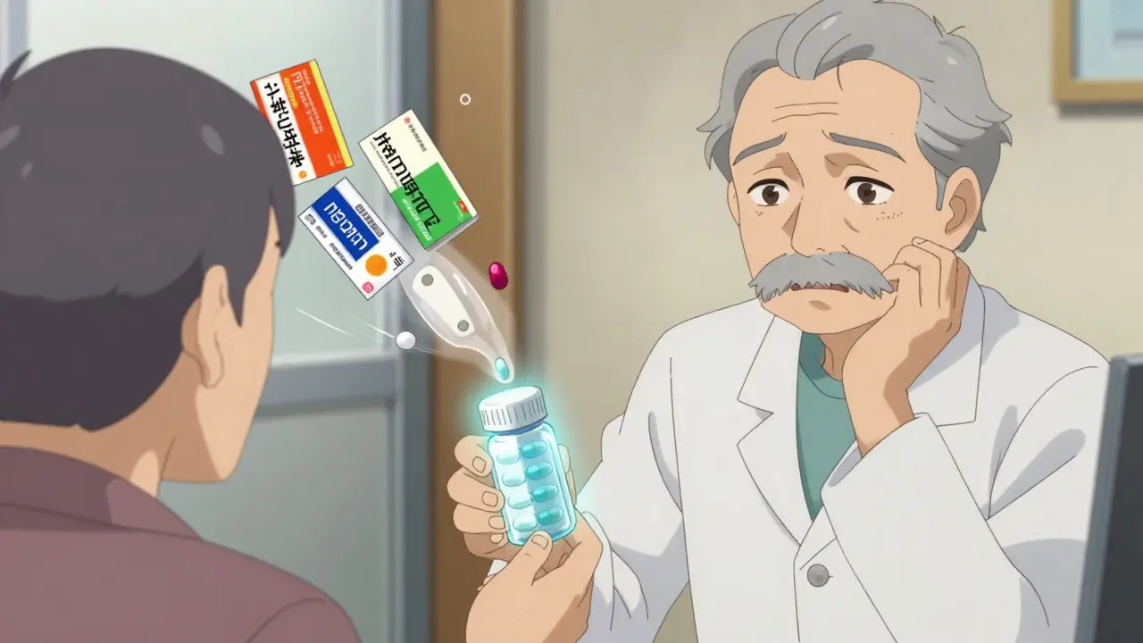 Pharmacist handing a generic prescription to an elderly patient, transparent molecule overlay visible on the bottle.