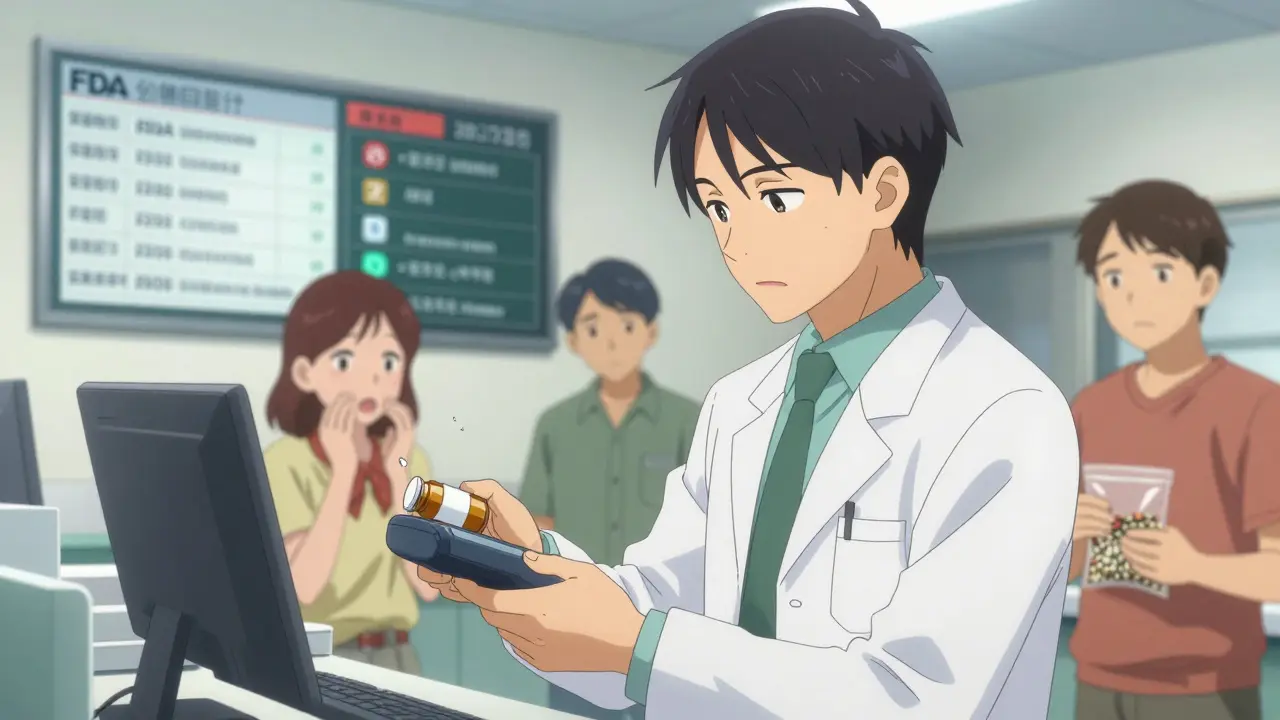 Pharmacist scanning medication while recall alerts display on wall screen behind them.