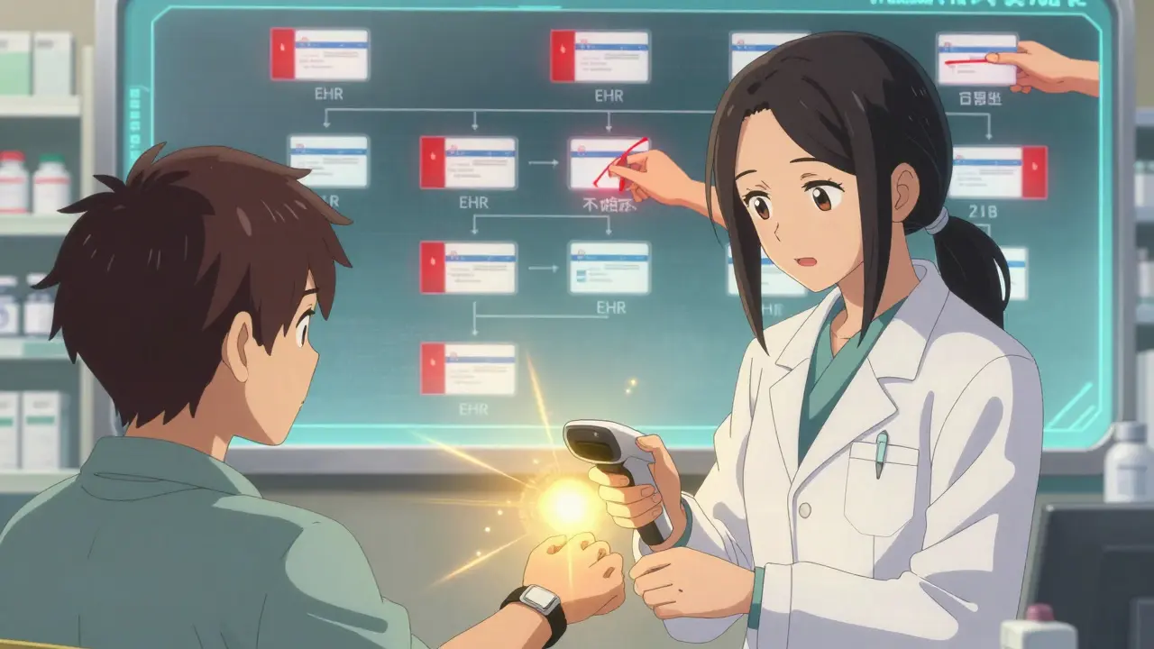 Pharmacist scanning patient wristband as golden confirmation pulse lights up