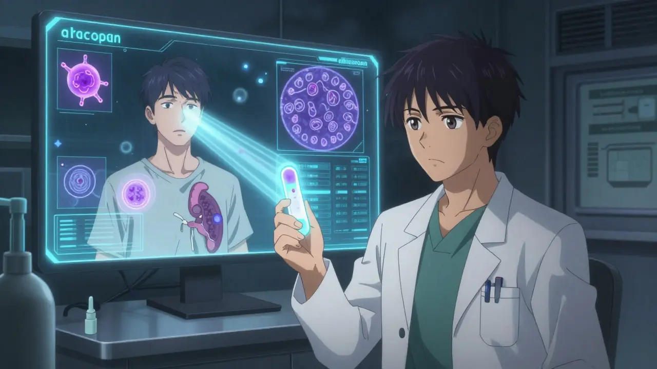 Rheumatologist holding a biopsy as glowing treatments neutralize immune attacks in a futuristic medical scene.