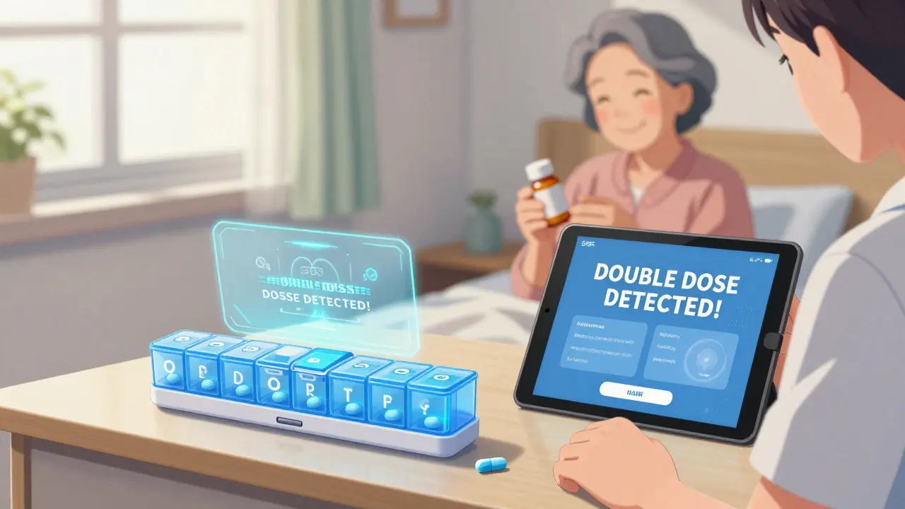 Smart electronic pill organizer with holographic alert and caregiver receiving a safety notification.