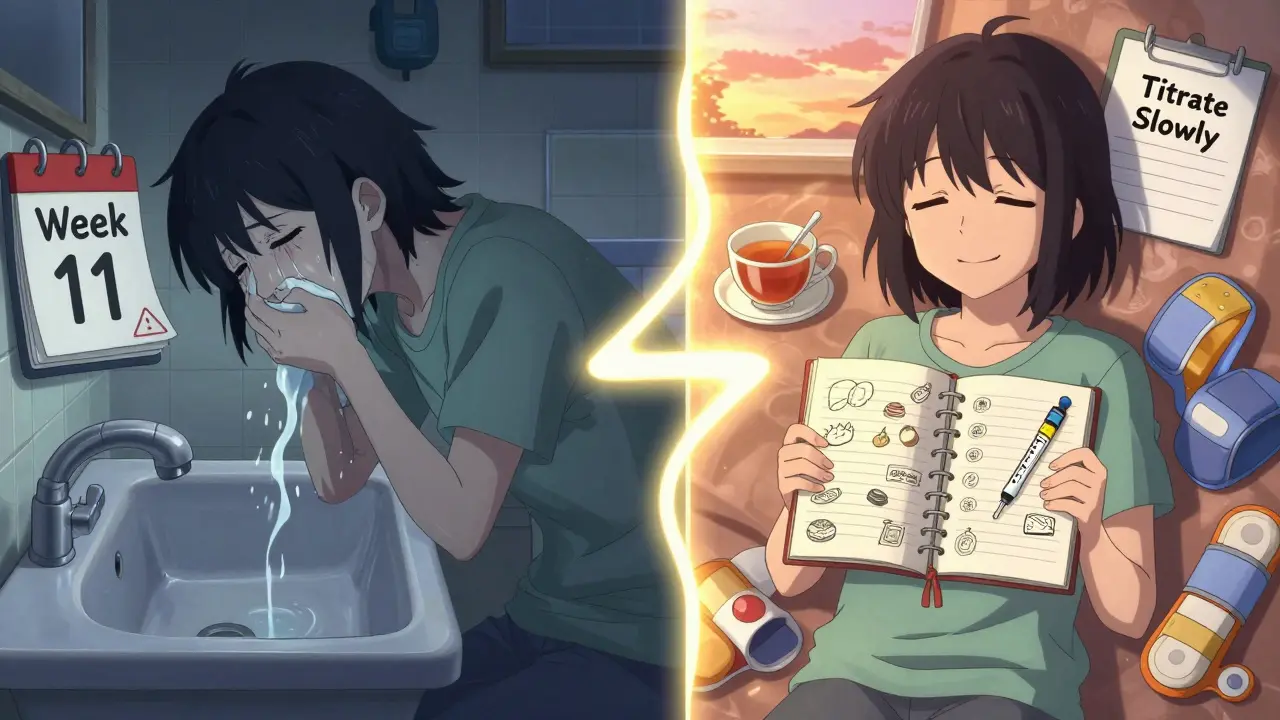 Split image showing nausea struggle vs. recovery through slow dosing and lifestyle changes