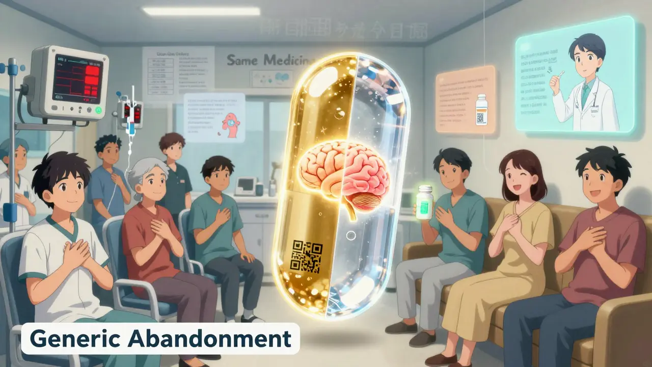 Split scene: chaotic ER on one side, calm home on the other, with a glowing pill and QR code symbolizing understanding and trust in generics.