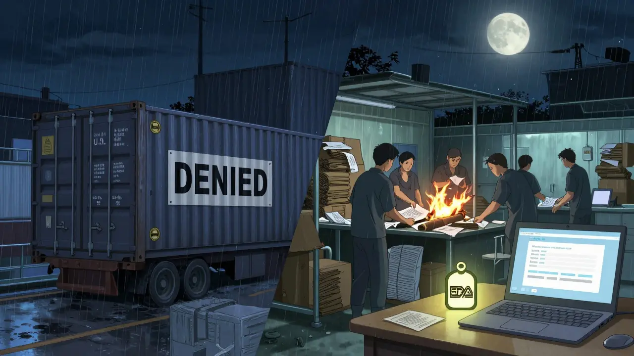 Split scene: denied shipment at U.S. port vs. factory destroying documents at night under moonlight, FDA badge on desk.