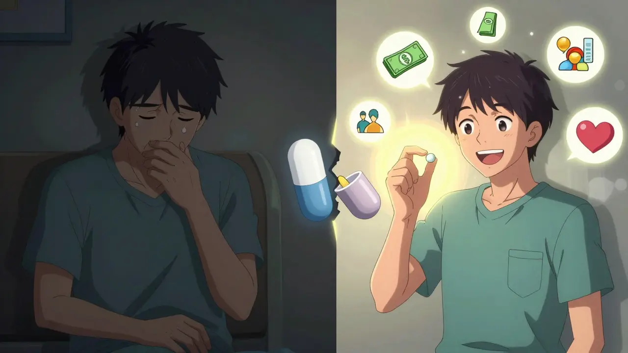 Split scene: left shows patient skipping meds due to cost, right shows same patient trusting generic medication with radiant symbols of health.