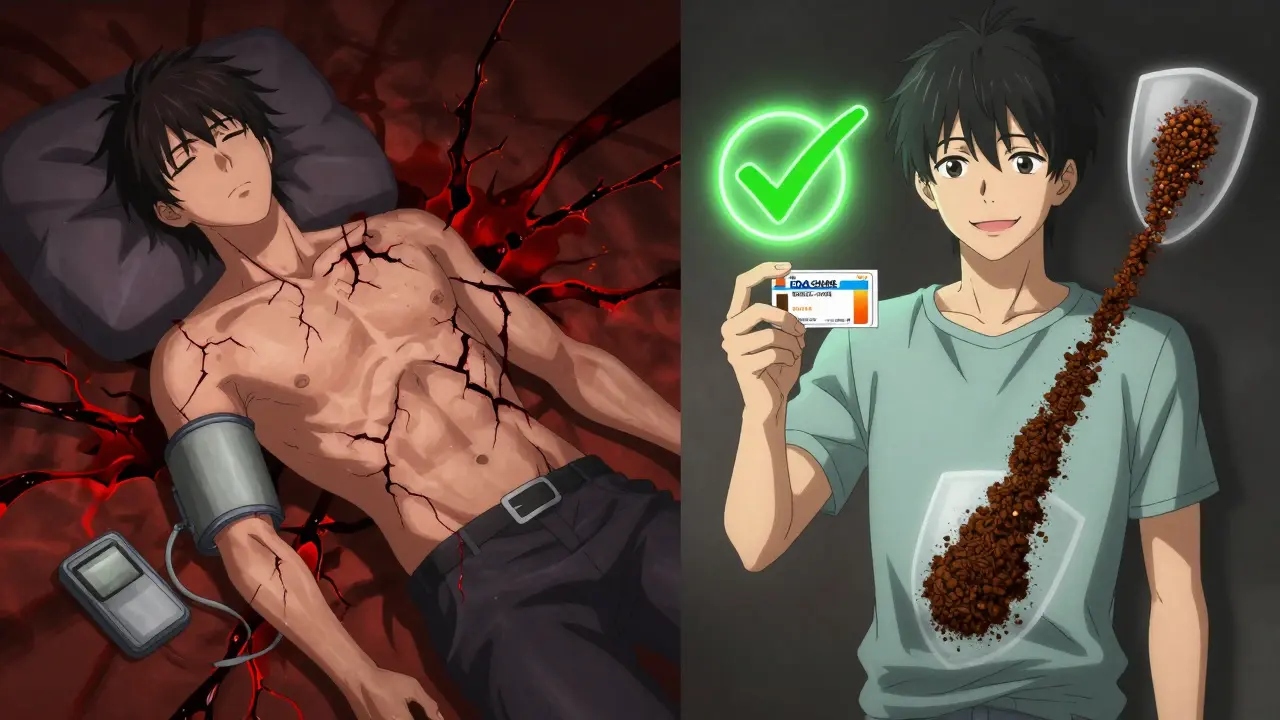 Split scene: one side shows health danger from stopping meds, other shows safe replacement.