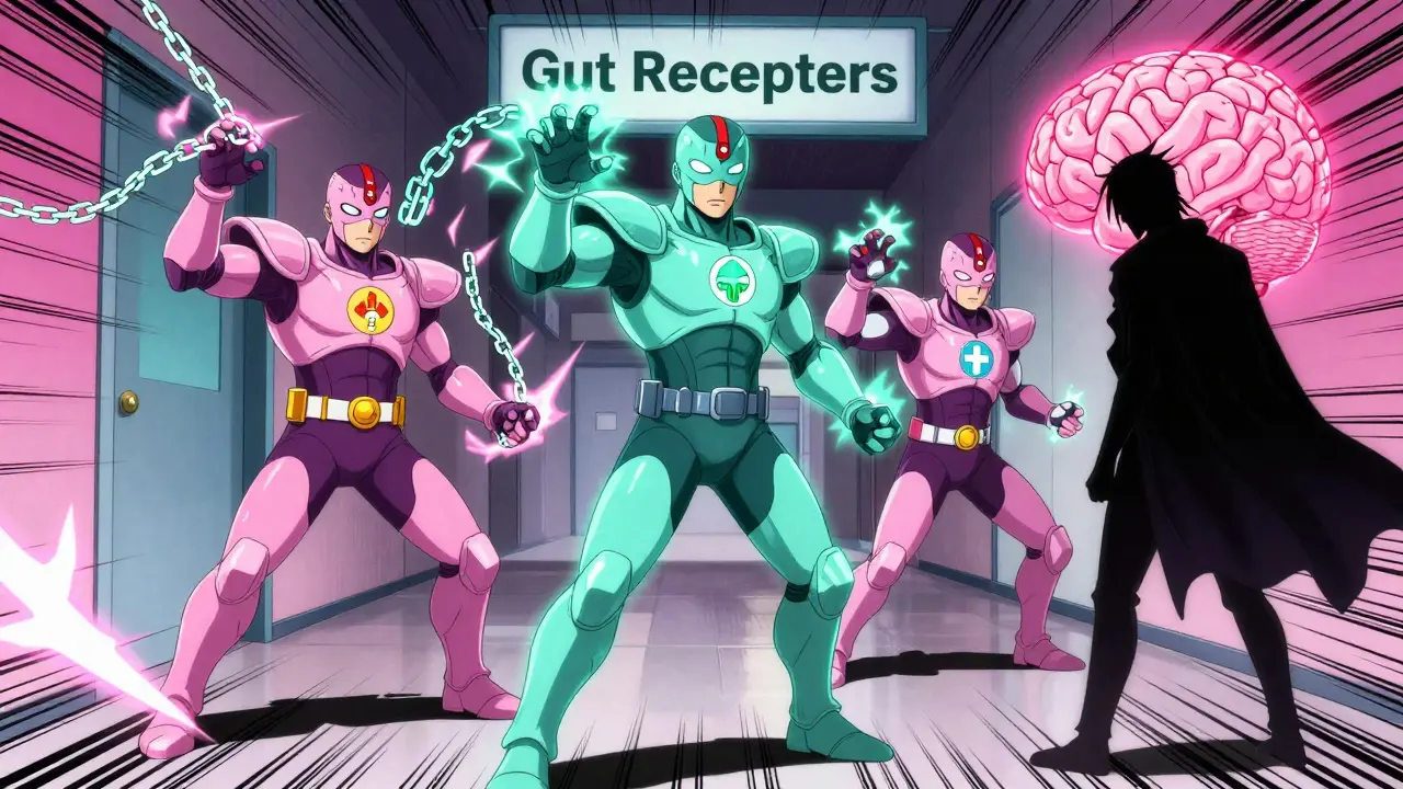 Three PAMORA drugs as superheroes blocking opioid chains in the gut while a brain watches safely.