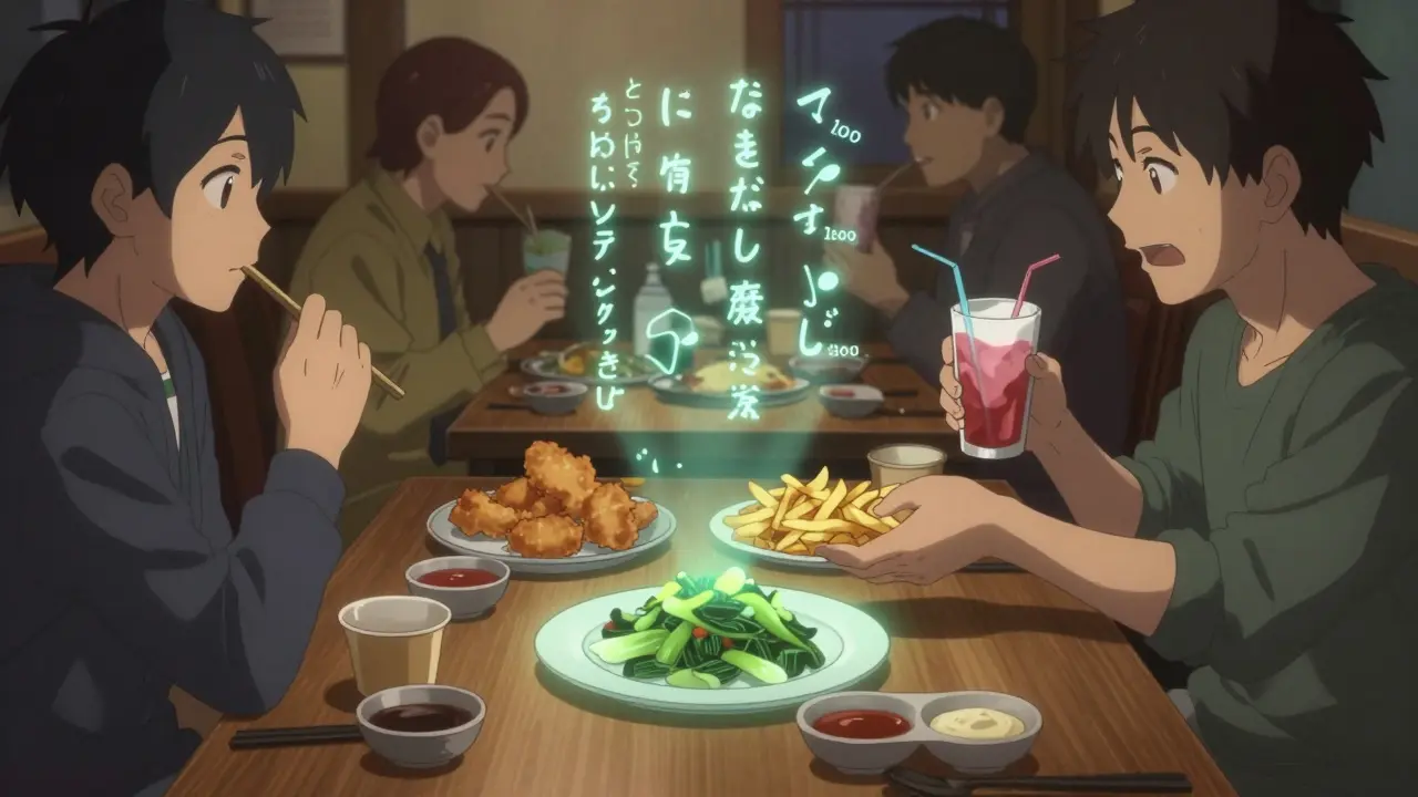 Traveler requesting healthy modifications at a restaurant while others eat indulgent meals, nutritional info glowing nearby.