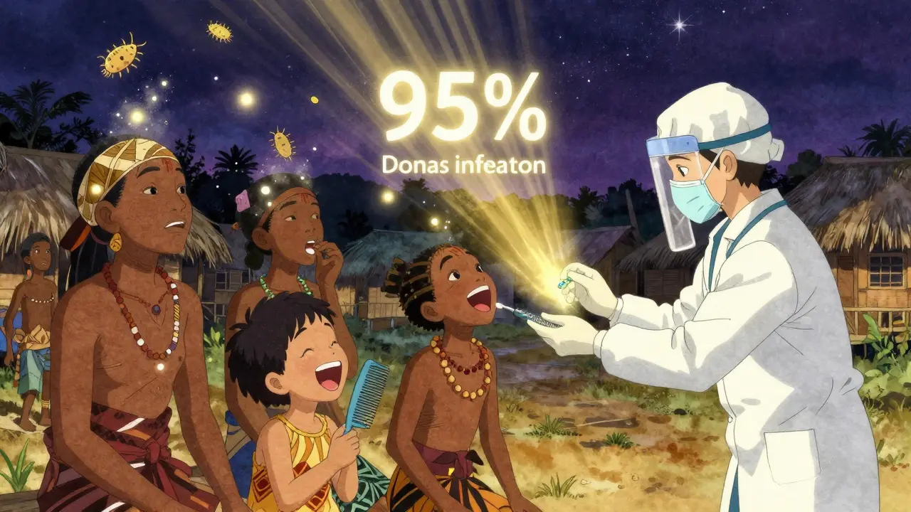 Villagers in Solomon Islands receiving ivermectin, glowing mites disappearing as community heals.