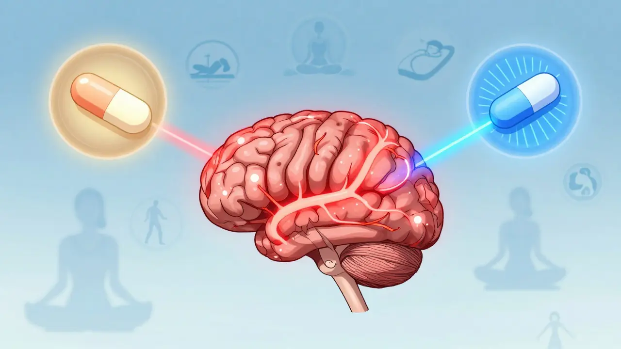 A brain with overactive pain signals calmed by three types of antidepressants, with lifestyle icons in the background.