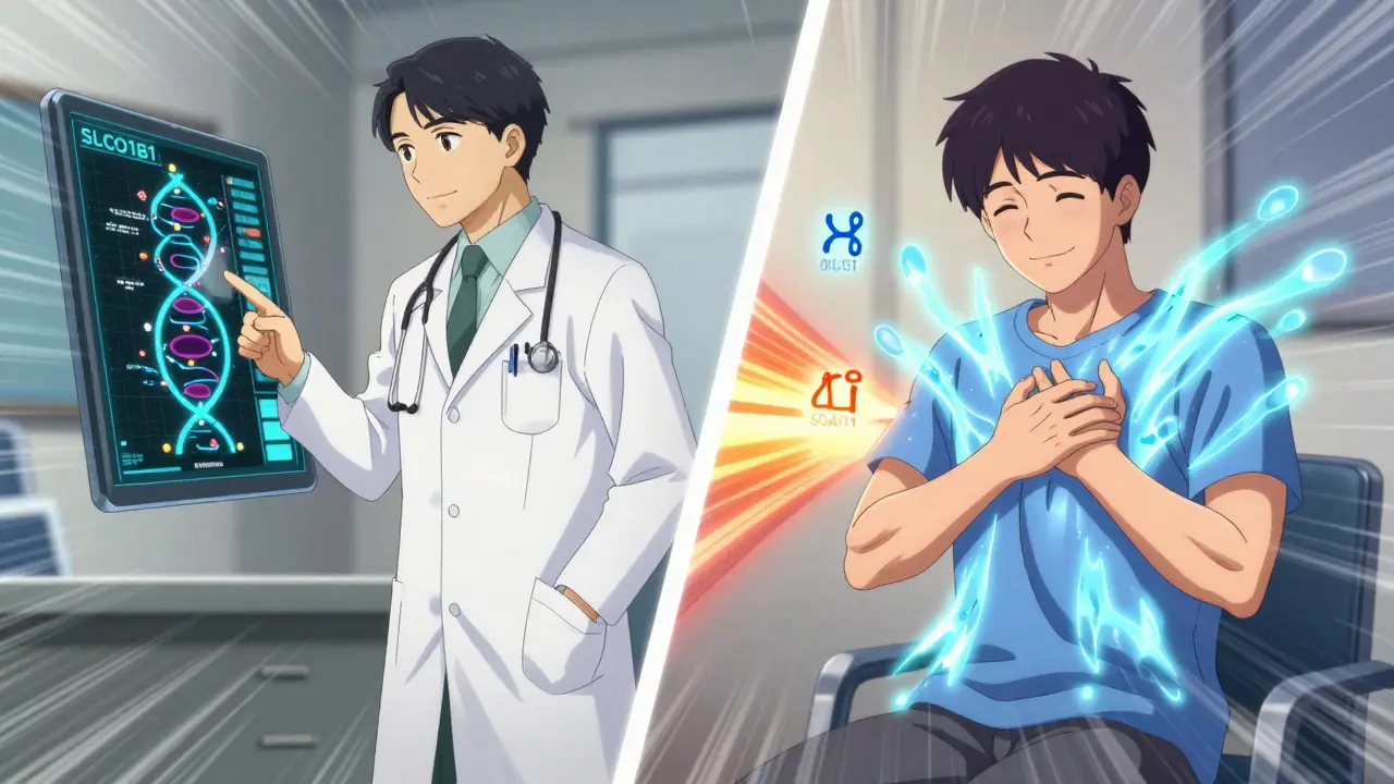 A doctor shows genetic test results to a patient, who transitions from pain to relief with a change in statin medication.