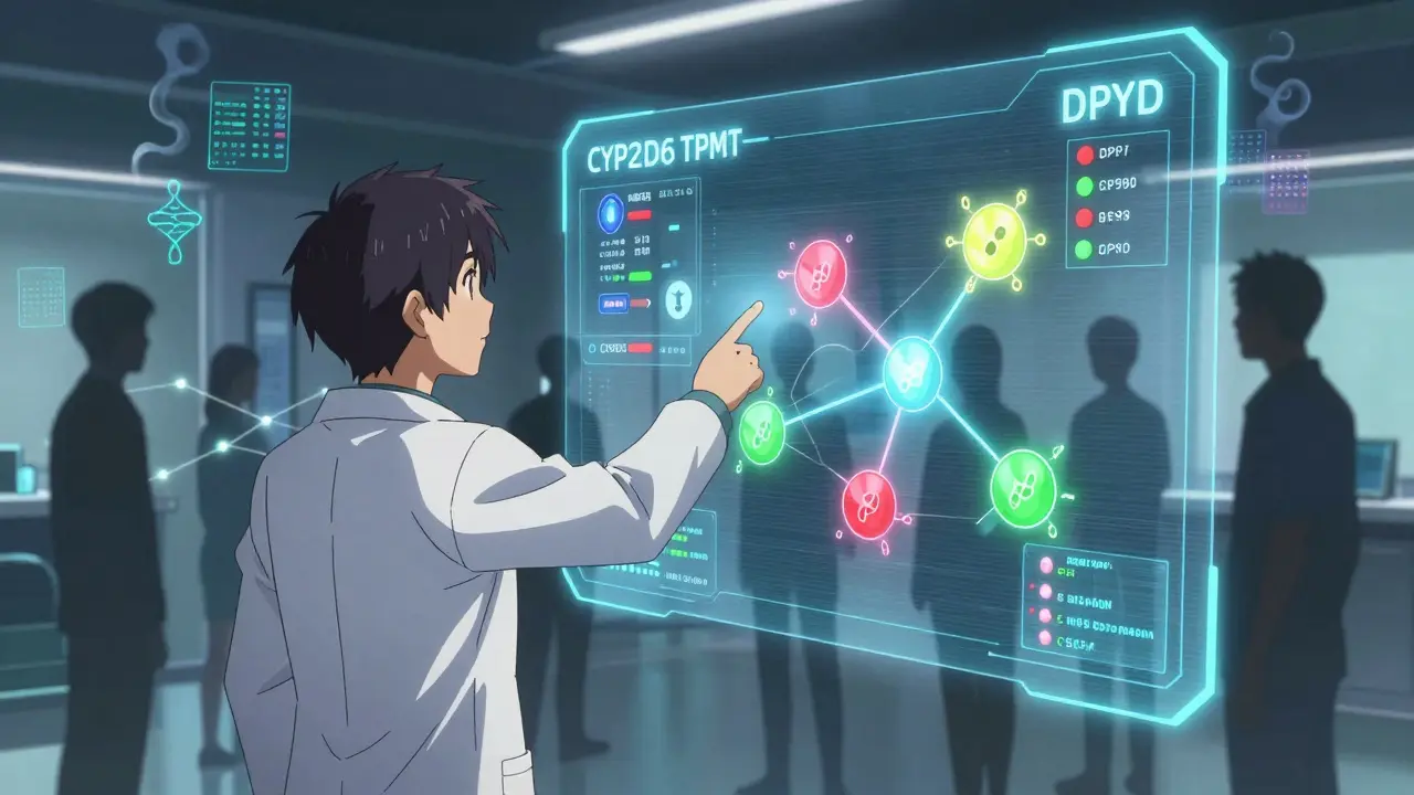 A doctor using a holographic gene-drug interaction map to guide treatment decisions in a high-tech clinic.