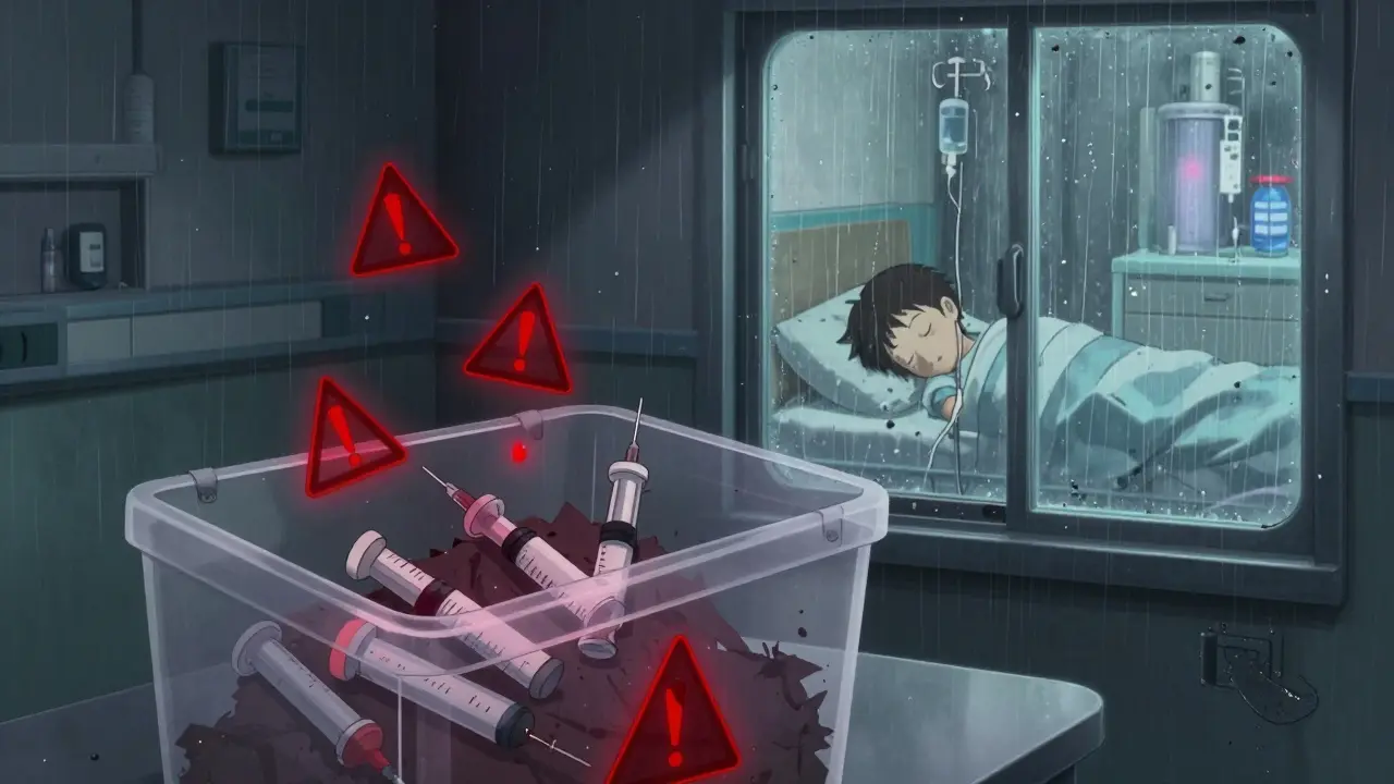 A failed drug batch glows red in quarantine while a child sleeps safely with an IV in the background.