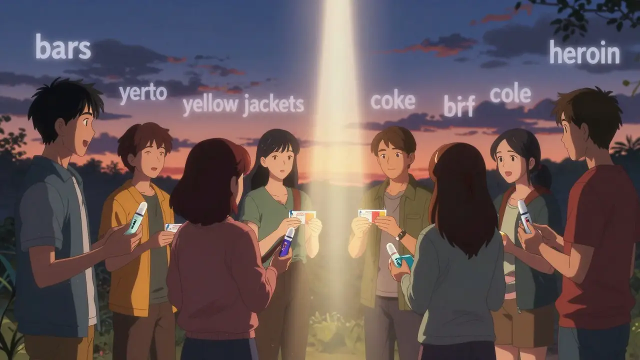 A group of people holding naloxone kits as drug terms float above them in light.