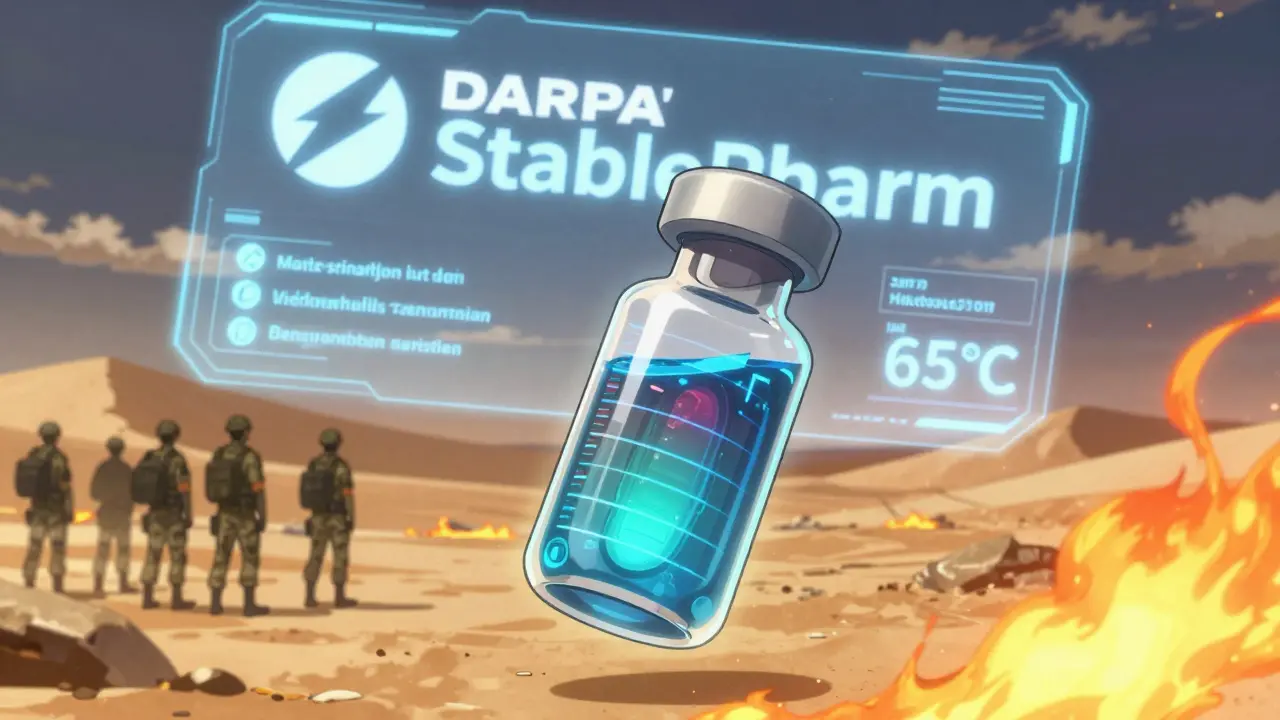 A high-tech vial with embedded sensors glows with data, symbolizing next-gen heat-stable medications under desert sun.
