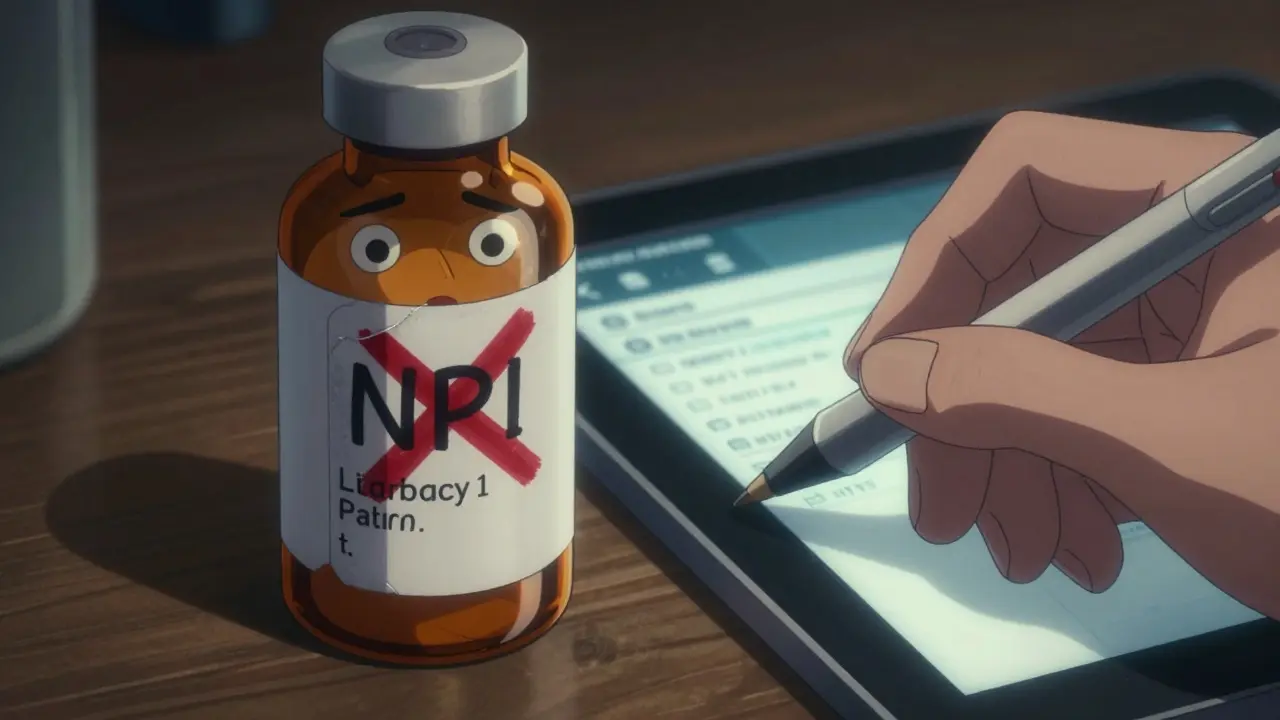 A medication bottle with a corrected label and glitching app display beside it, highlighting verification errors.