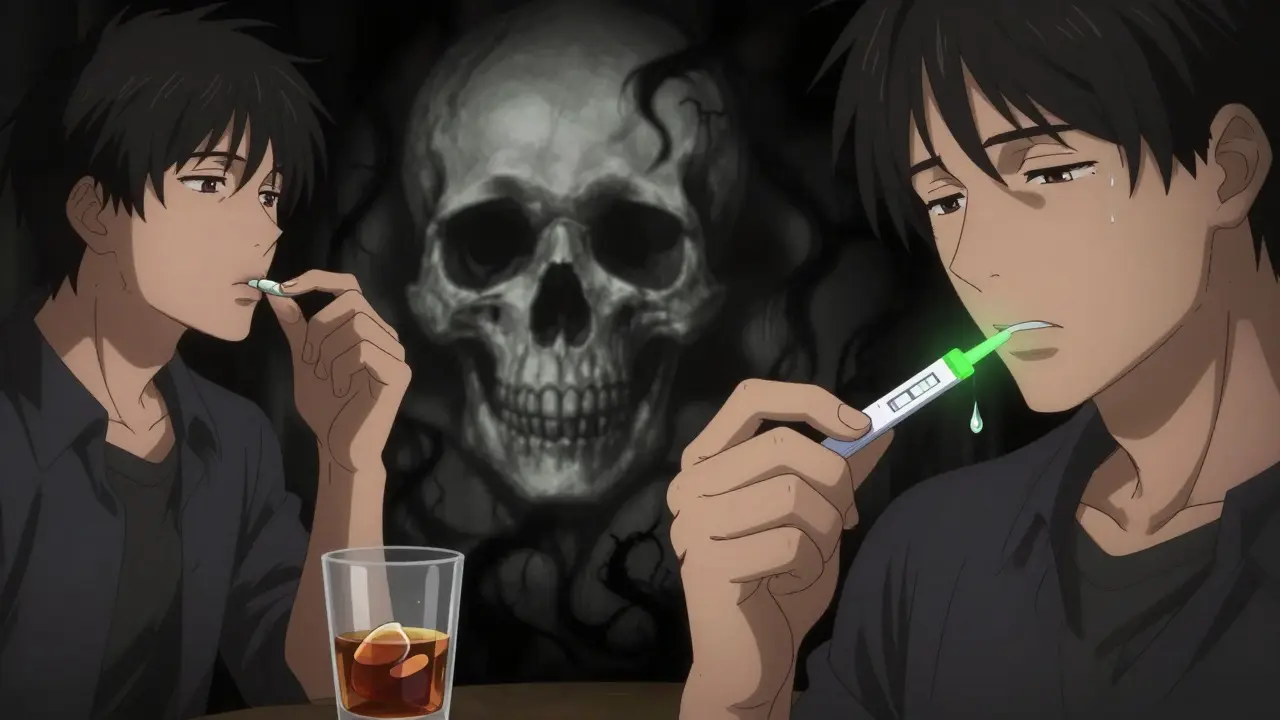 A person testing a street drug with a test strip, shadows turning to hope.