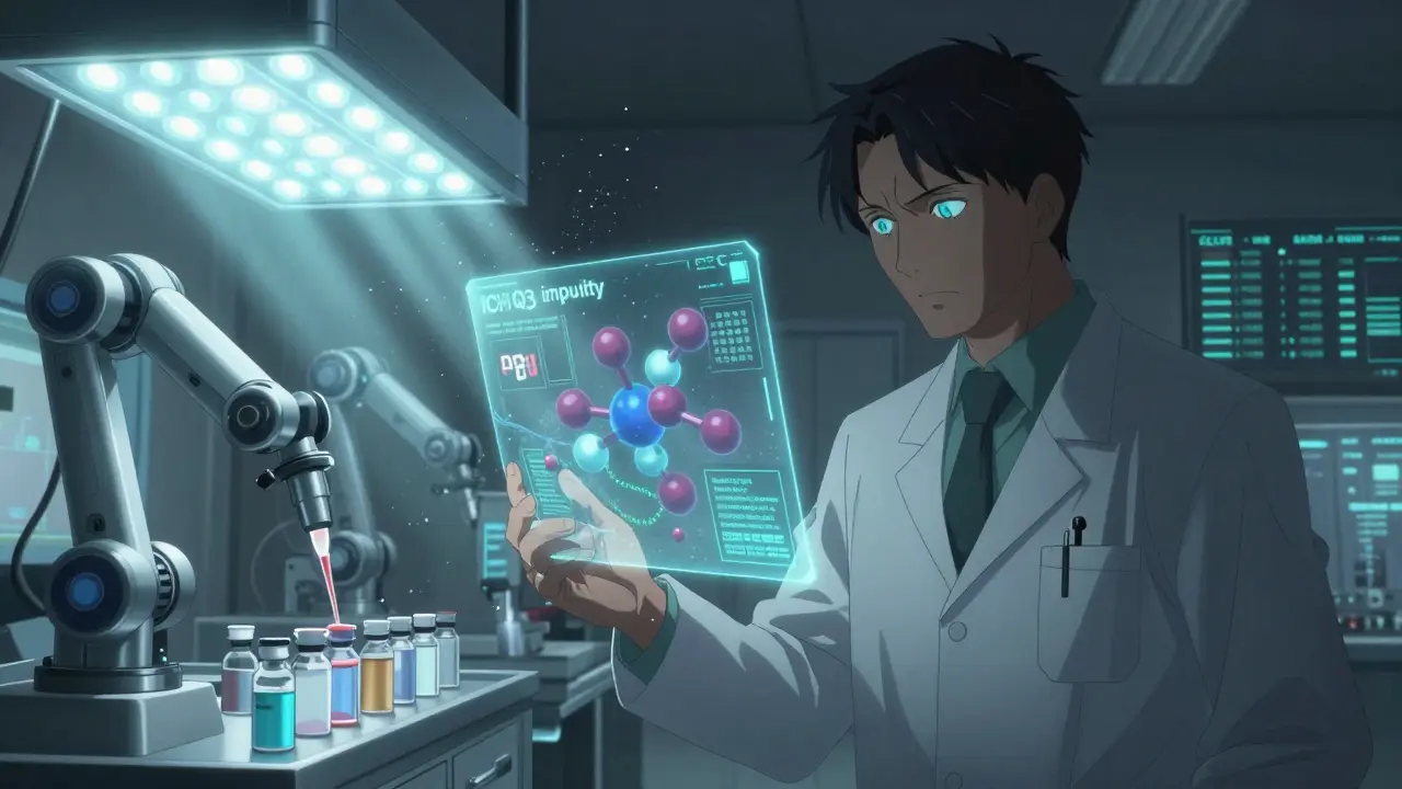 A Qualified Person reviews a 3D molecular model in a cleanroom, with test parameters glowing around them.