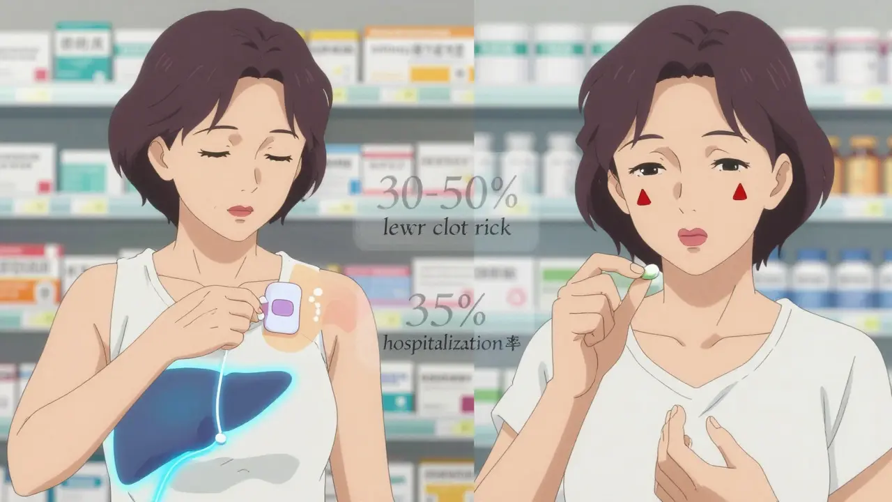 A split scene showing transdermal estrogen patch safety versus oral pill risks with symbolic health icons.