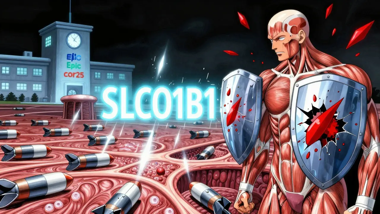 A symbolic battle inside the body shows gene variants defending muscle tissue from statin damage in anime style.