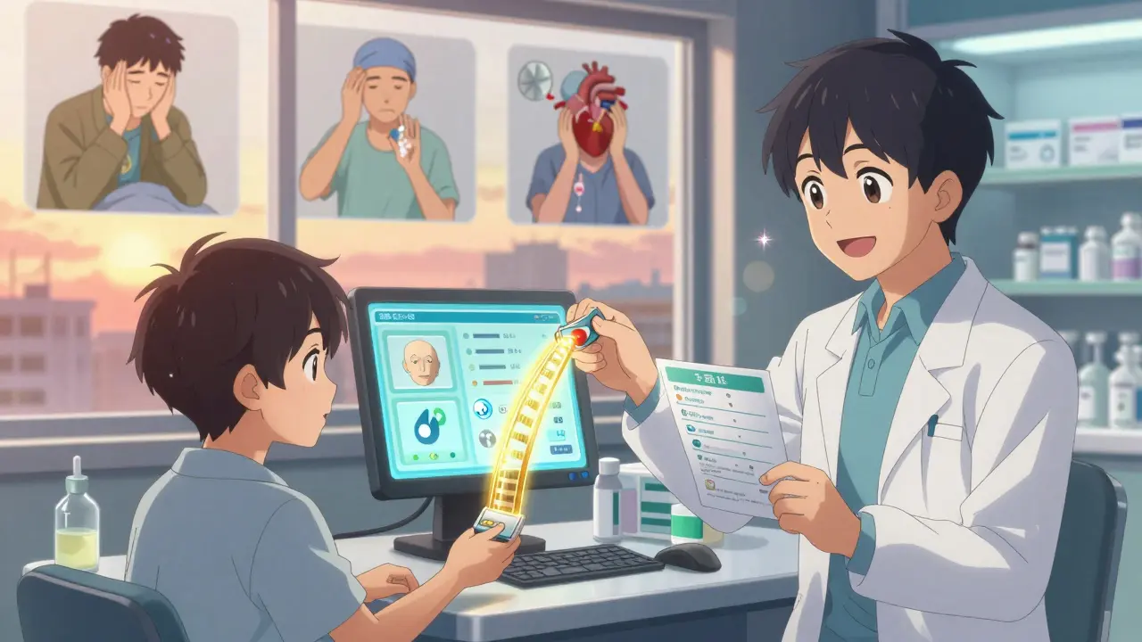 A teenager getting a DNA scan at a pharmacy kiosk that warns of dangerous drug reactions.