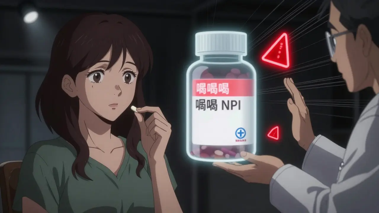 A woman about to take a pill as a ghostly warning overlay reveals critical label errors on the bottle.