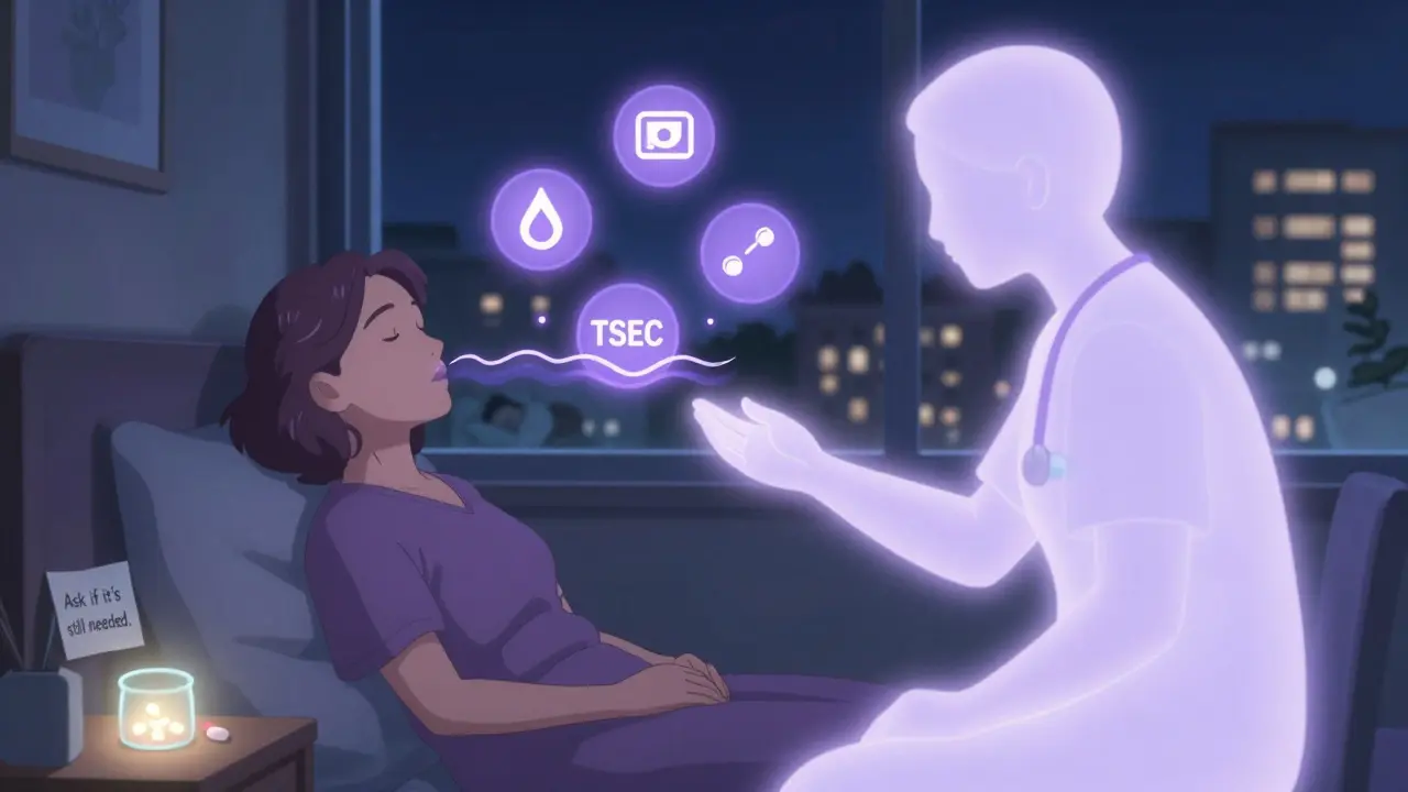 A woman practicing CBT at night as calming light dissolves hot flashes, with medication icons floating nearby.