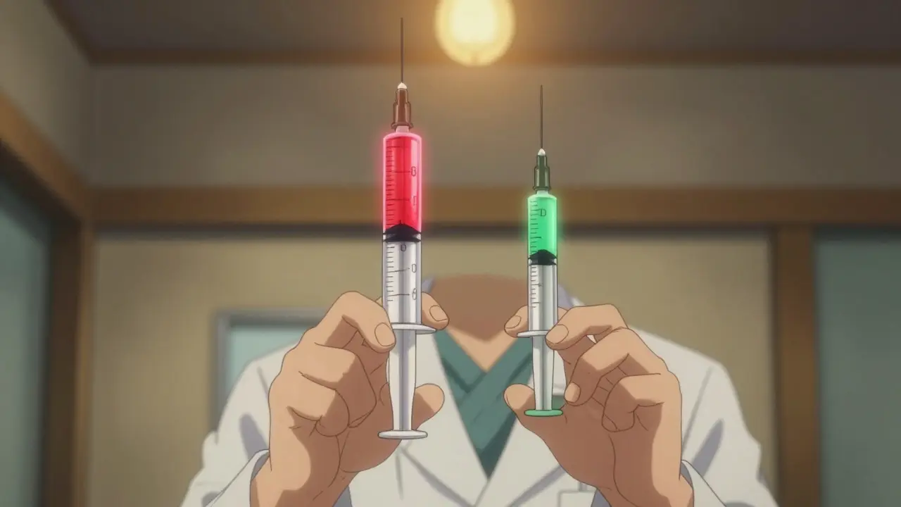 Doctor comparing two syringes with different glow colors.
