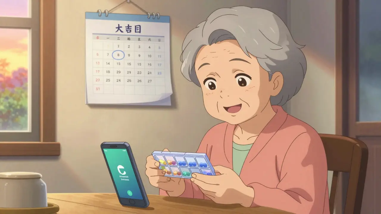 Elderly woman with pill organizer and pharmacist's call on phone.