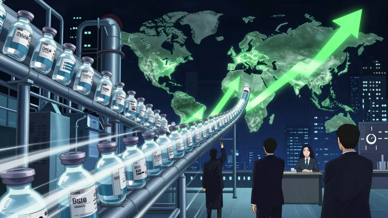 Generic drug vials flowing from factories to a global map with glowing green arrows showing cost reductions and access growth.
