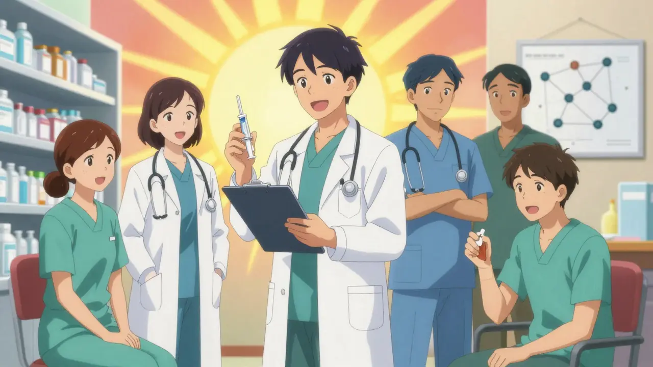 Healthcare team working together under sunrise.