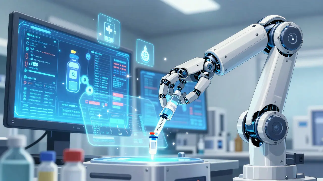 Robotic arm assembling complex generic injectables in a high-tech lab with holographic data streams and medical icons.
