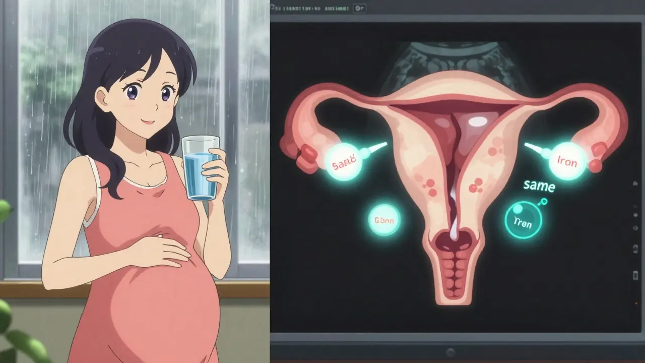 Split-panel scene showing pregnant woman taking prenatal vitamin with identical active ingredients visualized in utero.