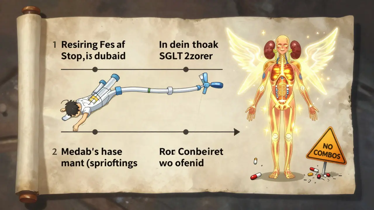 Three medical paths shown on a scroll: one leads to dialysis, one to vulnerability, one to radiant kidney health.